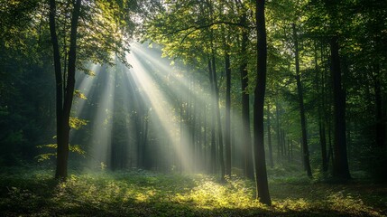 Obraz premium Sunbeams Piercing Through a Foggy Forest