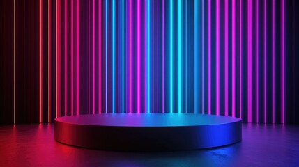 Brightly lit stage backdrop features multicolor vertical lights with ample copy space