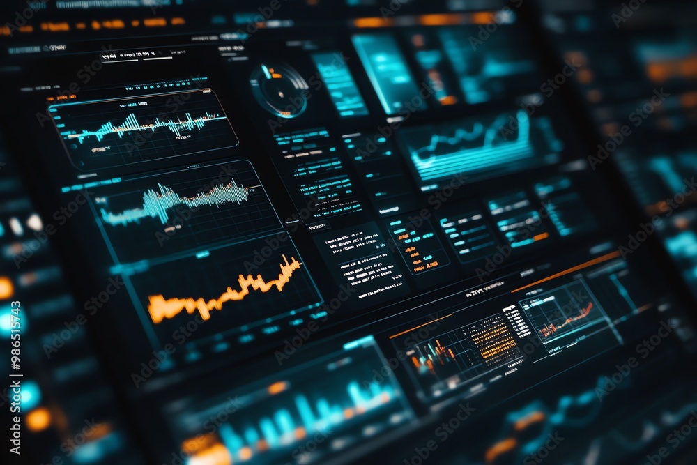 Poster close-up of a computer screen displaying data and graphs with blue and orange color scheme