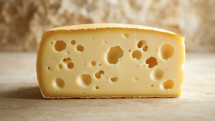 Close-up of a block of Swiss cheese with holes on a table.