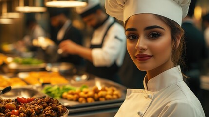 The chef skillfully prepares food, showcasing her culinary talent in a lively kitchen