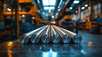 Polished steel rods lined up in an industrial factory.