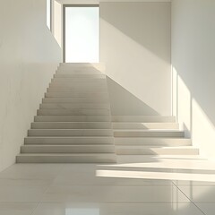 Minimalist white staircase in a modern home, bathed in sunlight streaming through a large window. The clean lines and simple design create a sense of peace and tranquility.