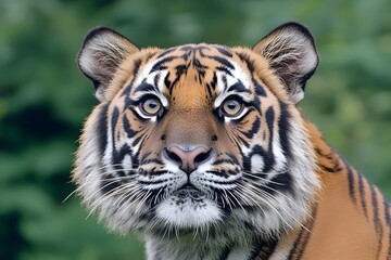 Obraz premium A close-up portrait of a tiger with its eyes fixed on the camera.