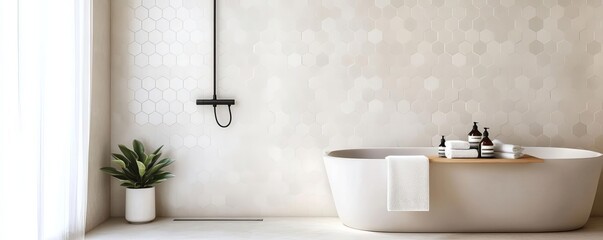 Small hexagonal tiles with matte finish in a minimalist shower, minimalist bathroom tiles, geometric modern