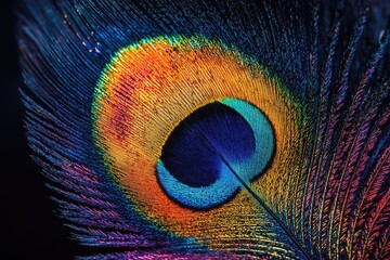 Obraz premium Captivating Macro Shot of a Vibrant Peacock Feather with Intricate Patterns and Iridescent Colors