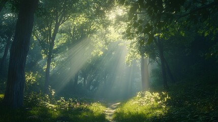Obraz premium Sunbeams Illuminating a Path Through a Lush, Misty Forest
