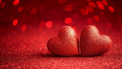 Fototapeta premium Two red sparkling hearts on red glitter background for valentine's day