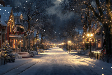 A picturesque snowy street lined with beautifully decorated houses, snow-covered trees, parks, and twinkling holiday lights, creating a cozy winter wonderland.