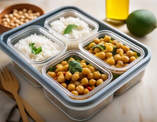 Vegan meal prep containers with cooked rice and chickpeas