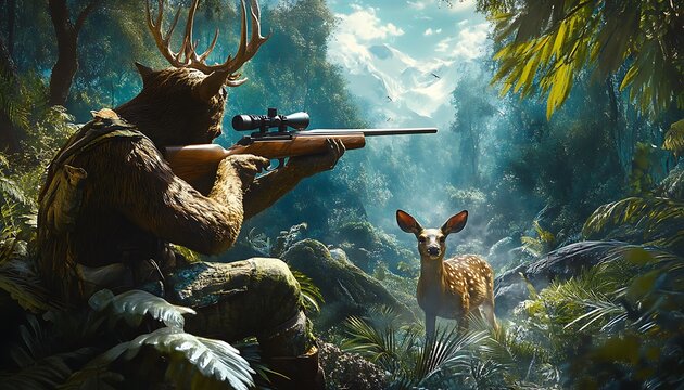 Anthropomorphic deer hunter aiming a rifle at a deer in a jungle