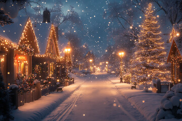 A picturesque snowy street lined with beautifully decorated houses, snow-covered trees, parks, and twinkling holiday lights, creating a cozy winter wonderland.