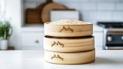 Bamboo steamer baskets stacked, isolated on a white countertop