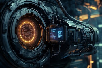 Closeup of Futuristic Sci Fi Technology,  Glowing Orange Ring and Digital Interface