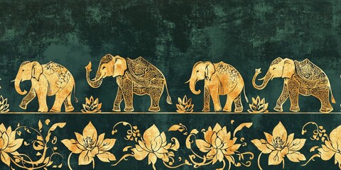 Golden elephant and lotus flower design on dark green background.