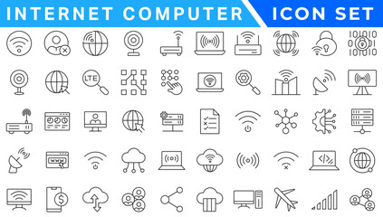 Internet computer icon set. Containing online, computer, network, website, server, web design, hardware, software and programming. Solid icons vector collection.