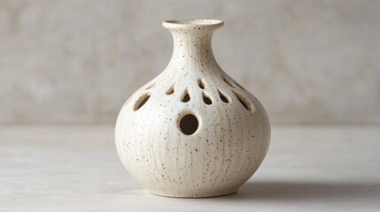 Ceramic garlic keeper with holes for ventilation, isolated on a light gray stone background