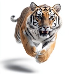 Obraz premium A powerful tiger in mid-leap, showcasing its strength and grace against a clean white background.