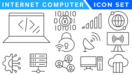 Internet computer icon set. Containing online, computer, network, website, server, web design, hardware, software and programming. Solid icons vector collection.