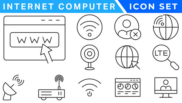 Internet computer icon set. Containing online, computer, network, website, server, web design, hardware, software and programming. Solid icons vector collection.