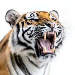 Fototapeta premium A striking close-up of a roaring tiger showcasing its powerful jaw and vibrant fur in stunning detail against a white background.