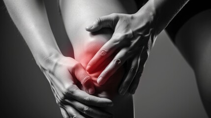 A person's hand rests on their knee, which is highlighted in red to indicate pain. This image is perfect for illustrating knee pain.