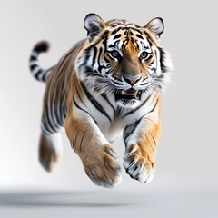Obraz premium A striking, realistic image of a tiger in mid-leap, showcasing its powerful physique and vibrant fur.