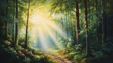 Fototapeta premium Sunlight Filtering Through a Dense Forest, Illuminating a Path