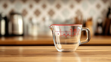 Glass measuring cup with red markings, isolated on a wooden kitchen counter