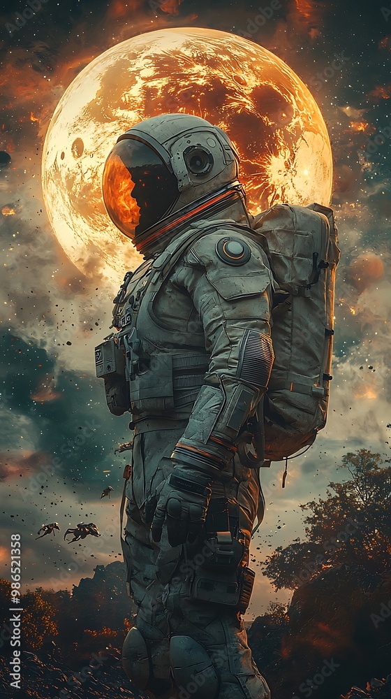 Wall mural Astronaut standing on a planet with a giant moon in the background. Concept art, sci fi, fantasy, space exploration.