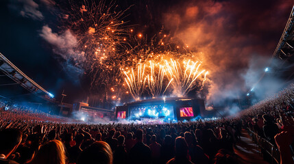 Stadion ożywa podczas wielkiego wydarzenia na żywo, z mnóstwem ludzi skandujących i tańczących pod sceną. Fajerwerki wybuchają nad głowami, dodając magii do już ekscytującego koncertu.