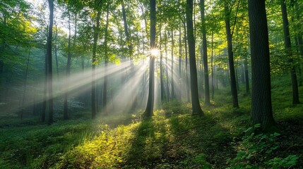 Fototapeta premium Sunbeams Illuminating a Dense Forest Floor