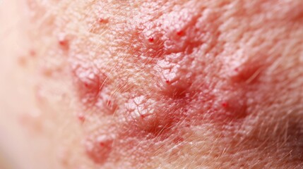 Fototapeta premium Close-up of inflamed skin with red bumps and pimples, a common dermatological condition.