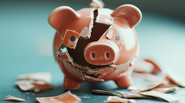 Skarbonka z rozdartym brzuszkiem, leżąca na ziemi, to wymowny obraz bankructwa i finansowego kryzysu.