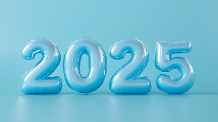 Nowy Rok 2025 przedstawiony w nowoczesny sposób, z dużymi, trójwymiarowymi cyframi na jasnoniebieskim tle. - obrazy, fototapety, plakaty