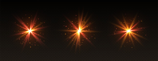 Golden lens flare, shiny star effect, glowing spark, magic twinkle, abstract galaxy gleam isolated on dark background. Vector illustration.