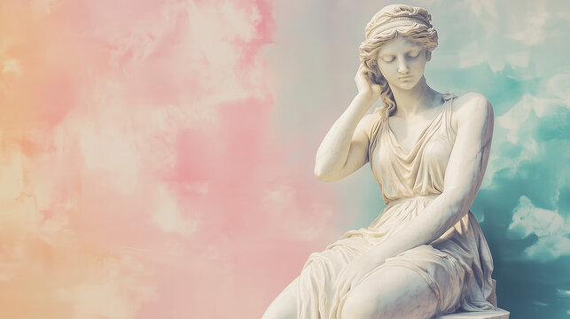 Afrodyta, uchwycona w myślącej pozie, z marmurowych kształt&oacute;w tworzy subtelny kontrast z pastelowym tłem. 