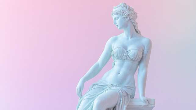Afrodyta, uchwycona w myślącej pozie, z marmurowych kształt&oacute;w tworzy subtelny kontrast z pastelowym tłem. 