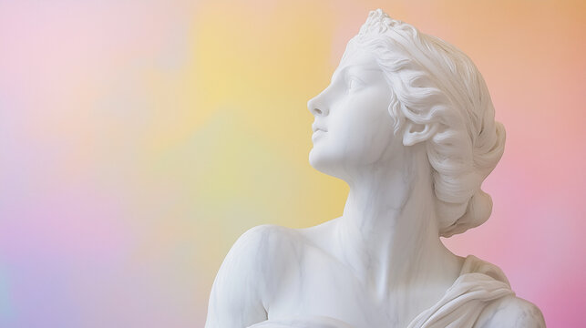 Afrodyta, uchwycona w myślącej pozie, z marmurowych kształt&oacute;w tworzy subtelny kontrast z pastelowym tłem. 