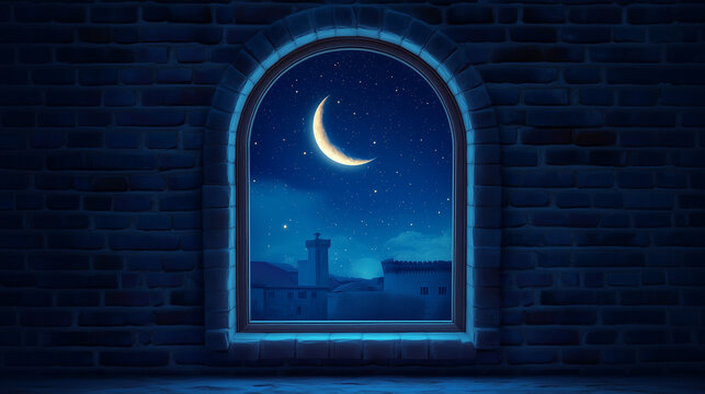 Mistyczne okno zdobi piękny p&oacute;łksiężyc, kt&oacute;ry wisi na tle głębokiej nocy. Jego blask rzuca magiczne cienie na wnętrze, tworząc intymną przestrzeń.