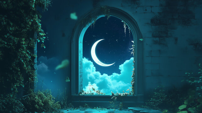 Mistyczne okno zdobi piękny p&oacute;łksiężyc, kt&oacute;ry wisi na tle głębokiej nocy. Jego blask rzuca magiczne cienie na wnętrze, tworząc intymną przestrzeń.