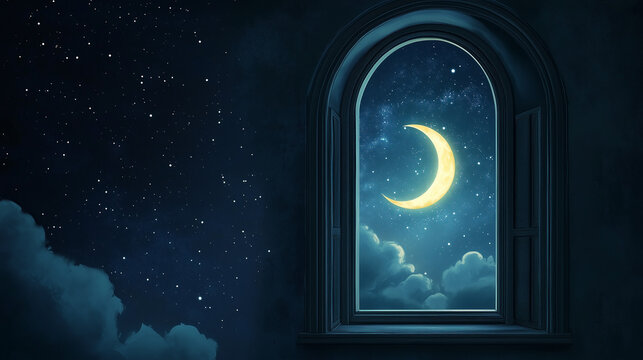 Mistyczne okno zdobi piękny p&oacute;łksiężyc, kt&oacute;ry wisi na tle głębokiej nocy. Jego blask rzuca magiczne cienie na wnętrze, tworząc intymną przestrzeń.