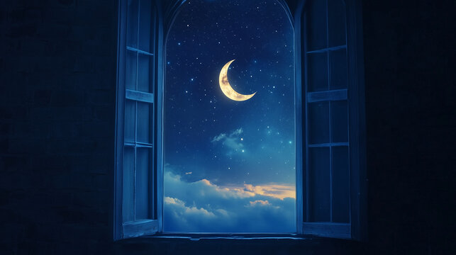 Mistyczne okno zdobi piękny p&oacute;łksiężyc, kt&oacute;ry wisi na tle głębokiej nocy. Jego blask rzuca magiczne cienie na wnętrze, tworząc intymną przestrzeń.