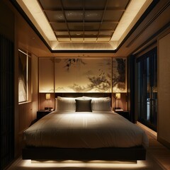 Simple Aesthetic Bed Room Interior Night view 
