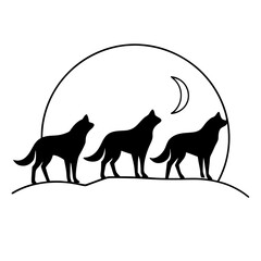 Minimalist Wolf Trio Howling at the Moon - Vector Art