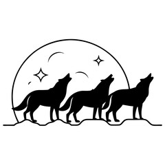 Minimalist Wolf Trio Howling at the Moon - Vector Art