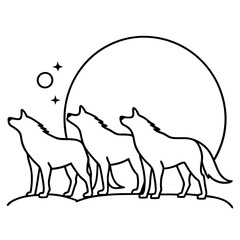 Minimalist Wolf Trio Howling at the Moon - Vector Art