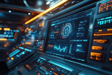 Obraz premium Futuristic Control Panel with Blue and Orange Glowing Lights