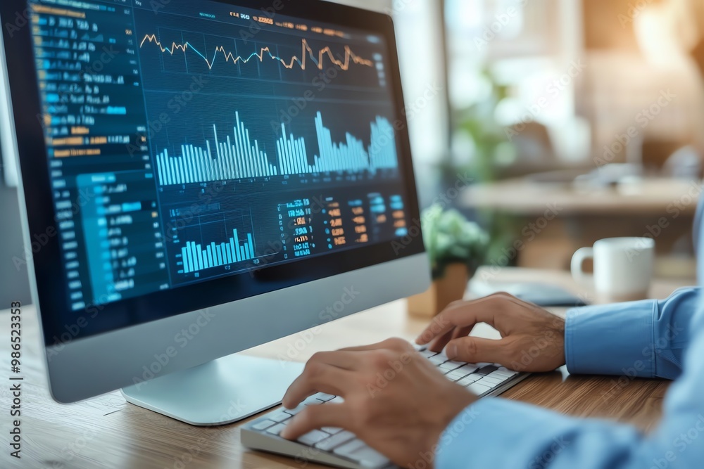 Poster man working on a computer analyzing financial data
