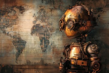 A Steampunk Robot Gazing at a World Map